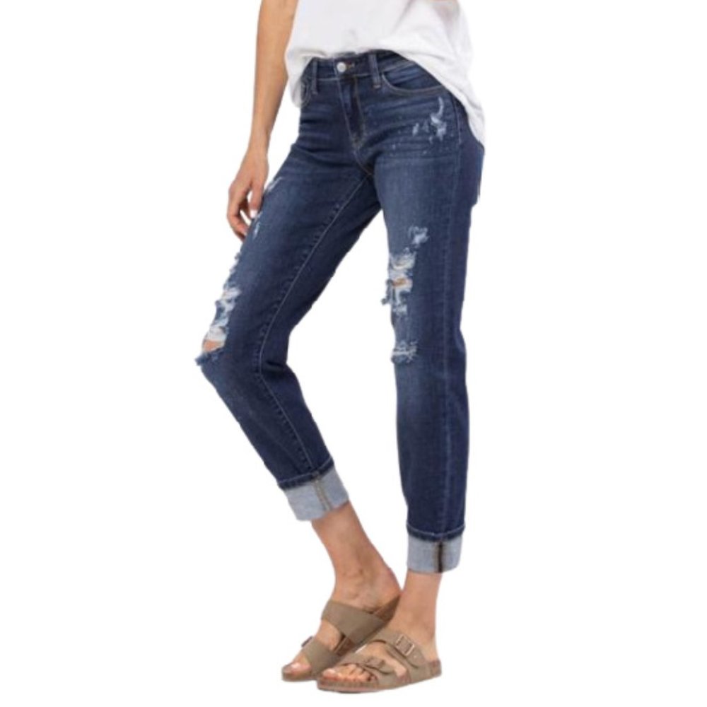 Judy Blue Mid-Rise Boyfriend Bleach Splash Destroyed Jeans - Dark Blue Wash - Picture 3 of 6